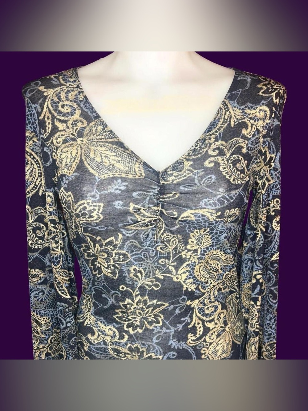 White Moon Vintage 90s/Y2K USA‑Made Glitter Floral Paisley Mesh Top
